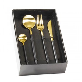 Set Cubiertos Dorados X24 Piezas Acero Inoxidable Con Mango Negro