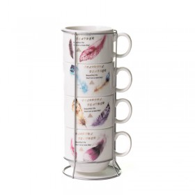 Set x 4 Tazas Café 125ml Cerámica Apilables Con Soporte Metal