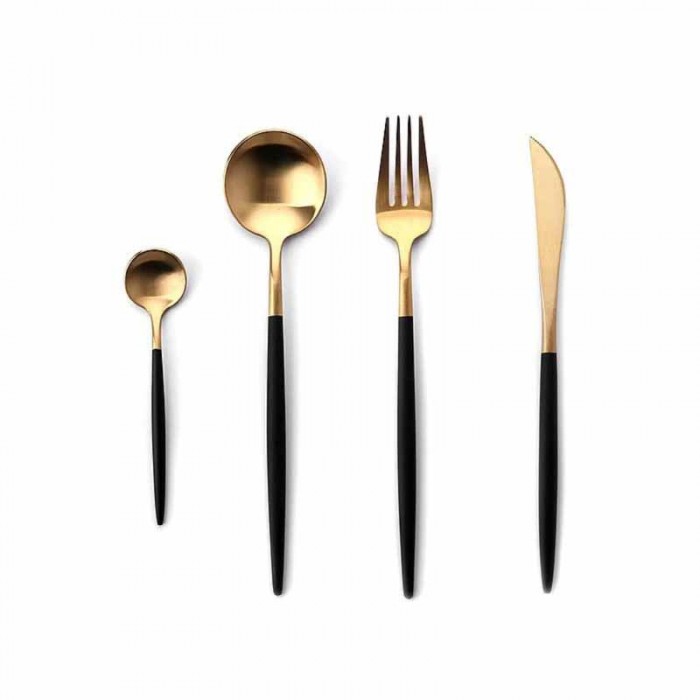 Set De Cubiertos X24Pcs Acero Inoxidable Dorado Con Mango Negro BZ1123BG