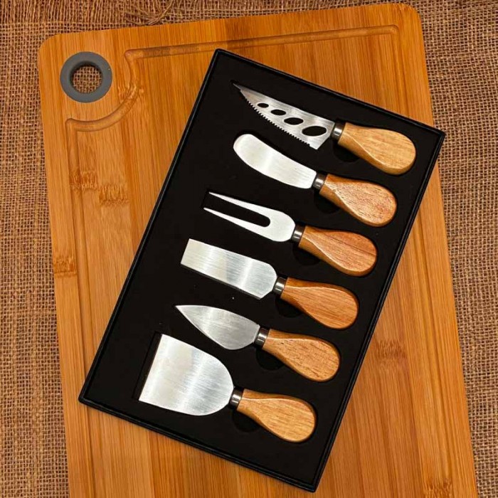 Set Tabla Bambu 35x24 Cm +6 Utensilios Para Queso En Caja