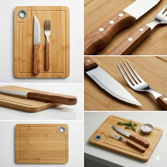 Set Tabla Bambu 30x23cm + Cuchillo Y Tenedor Churrasco Tramontina
