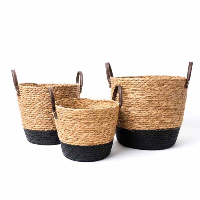 Canasto X3pcs Asa Ecocuero Combinado Negro Fibra Natural