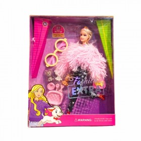 Muñeca Articulada Con Tapado De Piel Y Mascotas